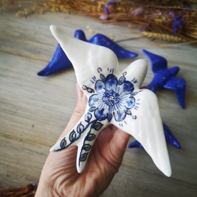 Conjunto de 4 andorinhas em cerâmica em azul cobalto