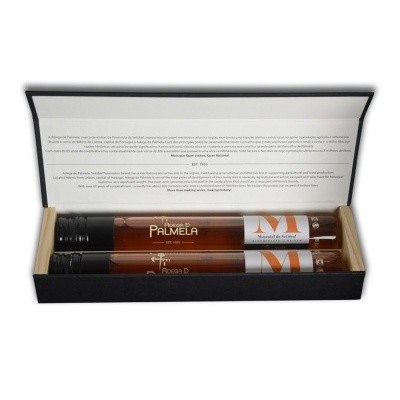 Conjunto de dois tubos de vidro em caixa preta com rótulos 'PALMELA' e 'M'