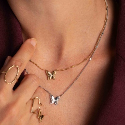 Colares e anéis femininos com borboletas em dourado e prateado numa pessoa