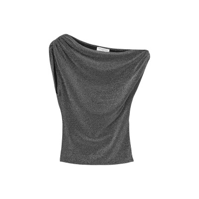 Top feminino cinza escuro brilhante com design assimétrico e decote drapeado