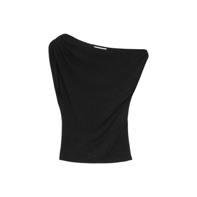 Top preto feminino com manga única e franzido no ombro