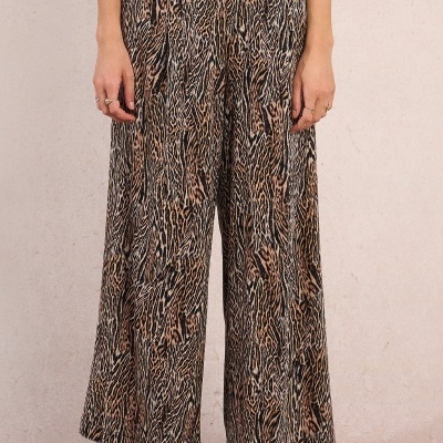 Calças largas animal print castanho e preto
