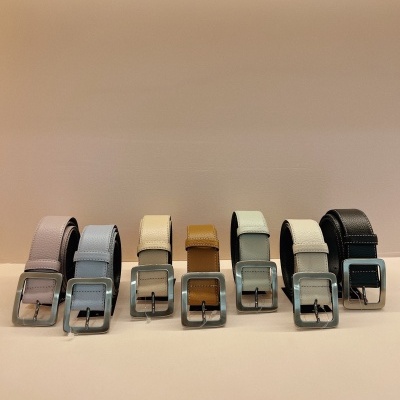 Sete cintos de várias cores com fivelas prateadas expostos em linha sobre superfície lisa