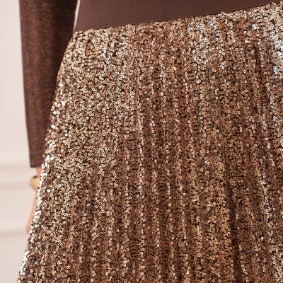 Saia plissada bronze com lantejoulas e parte superior castanha metálica