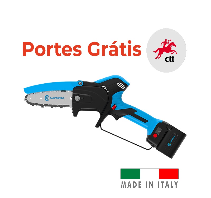 Serra Poda Bateria CAMPAGNOLA TYSONXL Motosserra elétrica azul e preta com bateria, texto Portes Grátis e madeiração Itália
