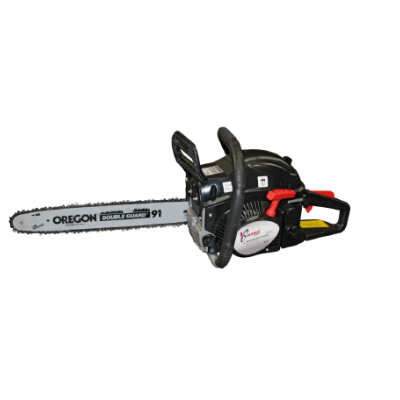 Motosserra preta com lâmina metálica e detalhes vermelhos