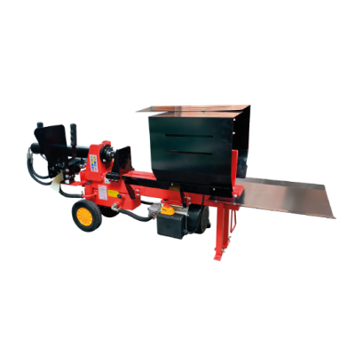 Máquina de cortar lenha vermelha e preta com rodas, em fundo branco