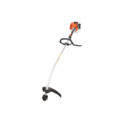 Aparelho cortador de relva metálico e laranja sobre fundo branco