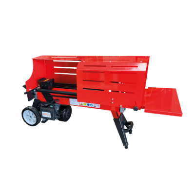 Divisor de madeira elétrico vermelho com rodas pretas e estrutura metálica.