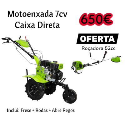 Motoenxada verde com motor preto, roçadora verde, texto promocional com preço e características