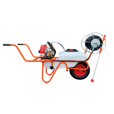 Pulverizador de carrinho com depósito branco e estrutura metálica laranja