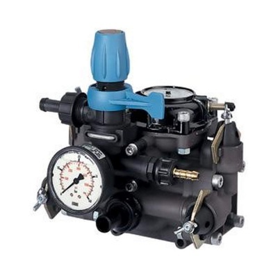 Válvula preta com pega azul e manómetro de pressão