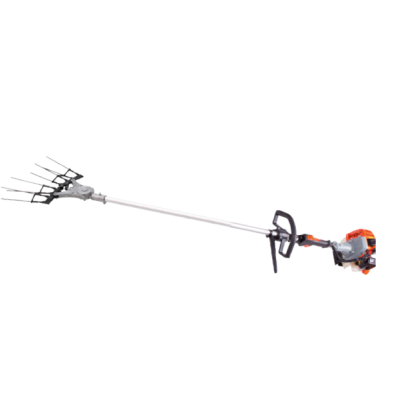 Máquina de apanhar azeitonas com garras metálicas e motor laranja