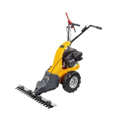 Máquina de cortar relva amarela com motor e lâminas metálicas