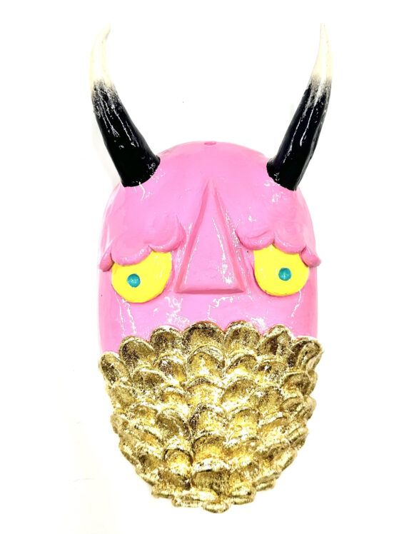 MÁSCARA " COLOMBIA " MARTA PINTO máscara decorativa rosa com cornos e padrão dourado