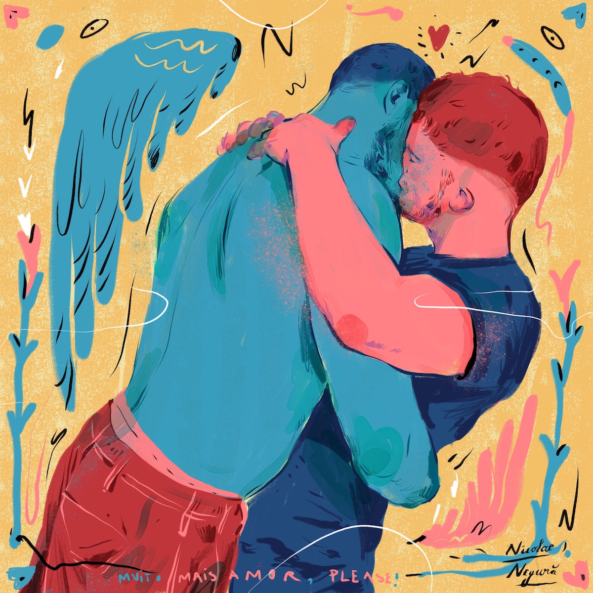 AZULEJO "ABRAÇO" NICOLAE NEGURA Ilustração de casal masculino a abraçar e beijar com fundo amarelo e texto colorido