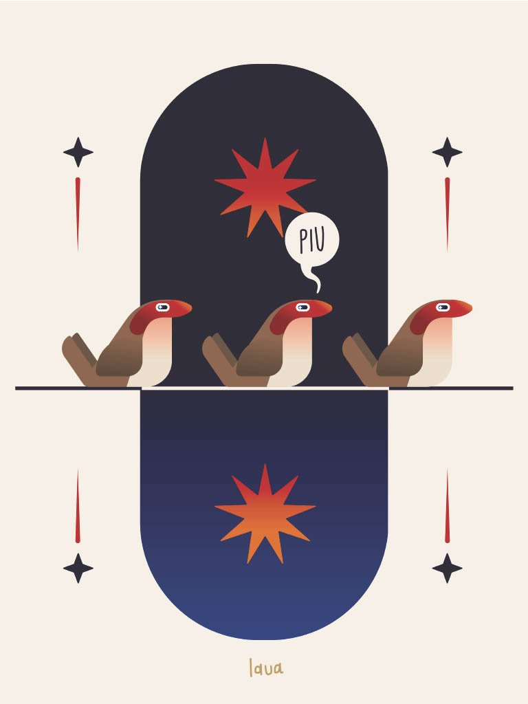 ILUSTRAÇÃO A3 "BICO DE LACRE" LAUA Ilustração de três pássaros castanho e vermelho com balão de fala 'PIU' e formas geométricas no fundo