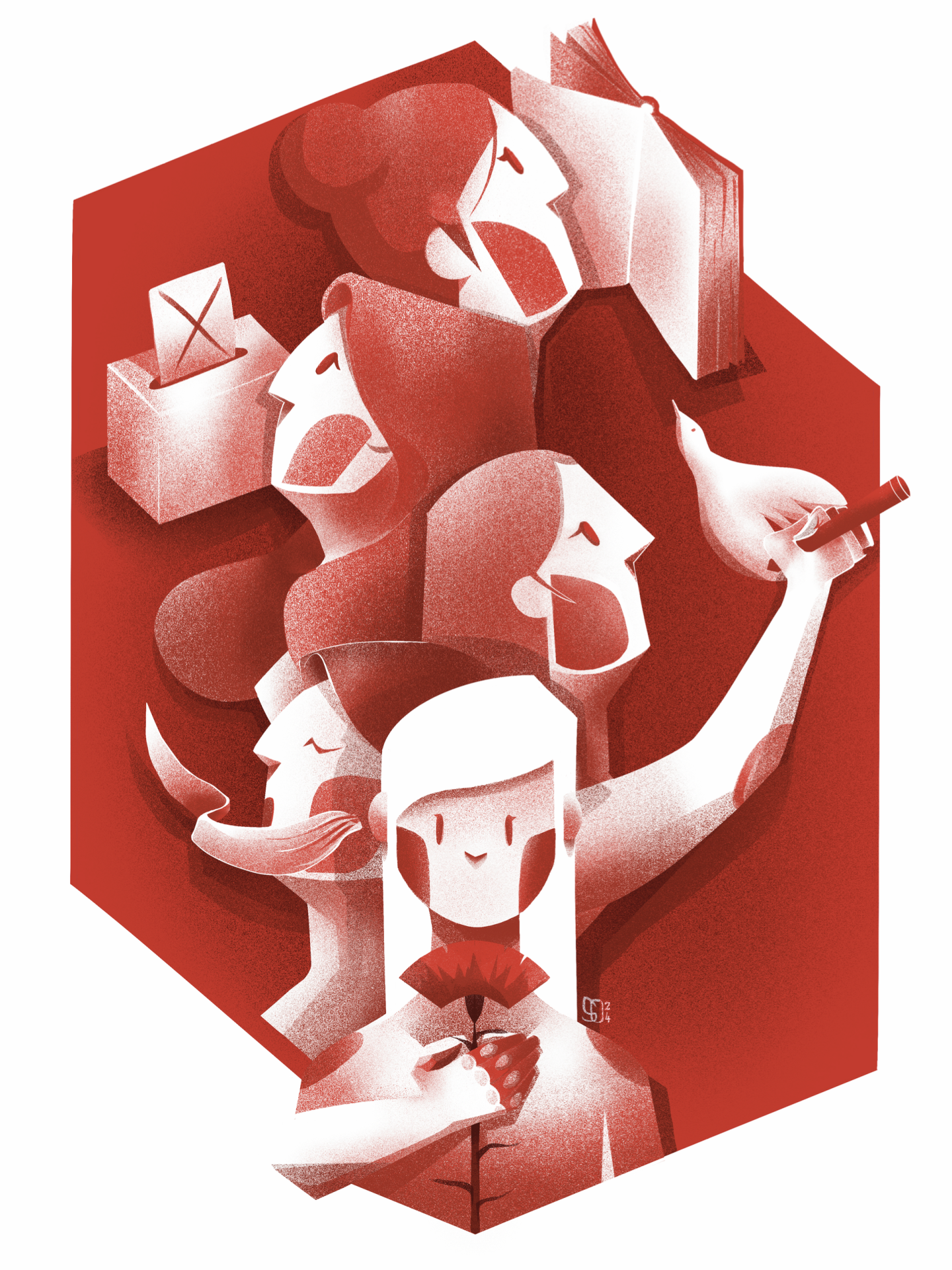 ILUSTRAÇÃO "DESCENDENTES DA LIBERDADE" ANDREIA SANTOS Ilustração estilizada de quatro pessoas em tons vermelhos e brancos com vários objetos e expressões distintas.