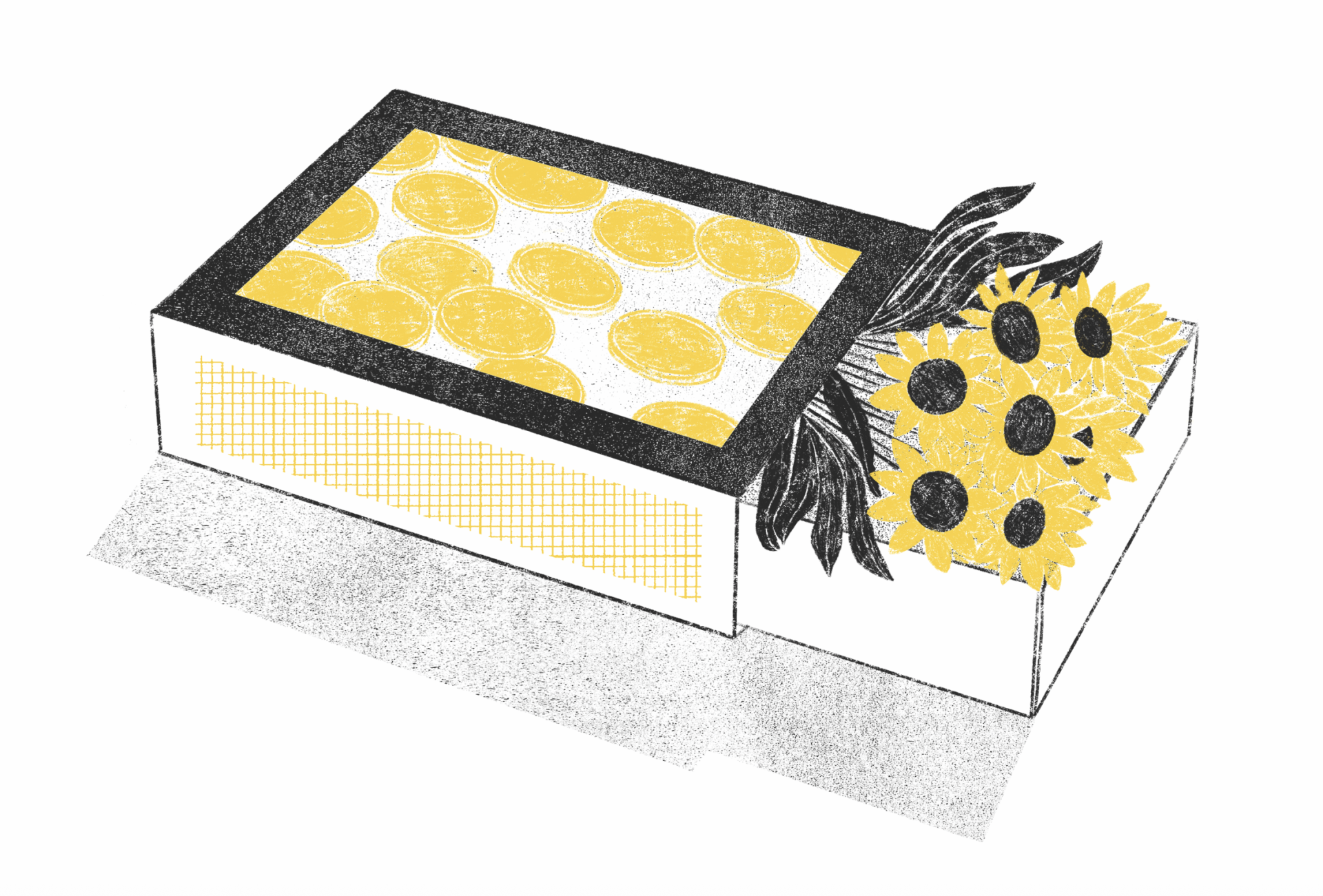 ILUSTRAÇÃO "FÓSFOROS" BÁRBARA R. Caixa branca com tampa preta e amarelo com padrão e ramo de girassóis