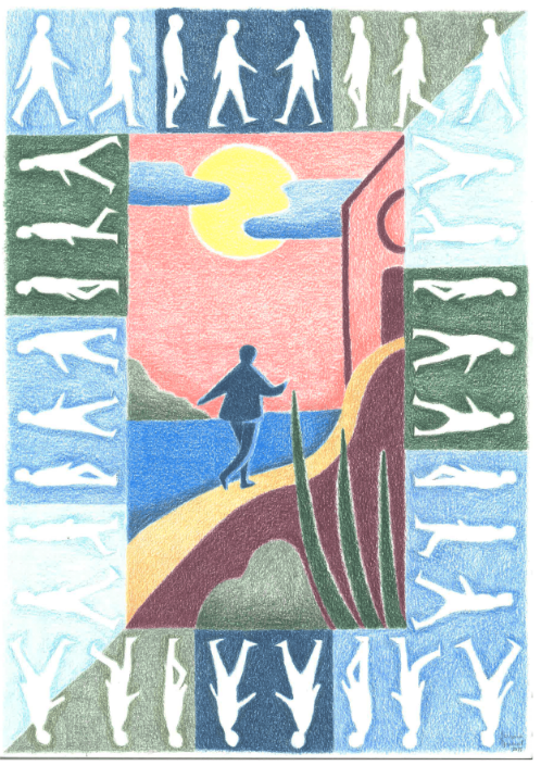 ORIGINAL "CAMINHANTES" BÁRBARA AMARAL Desenho colorido com moldura de silhuetas humanas brancas e figura no centro caminhando junto a paisagem com sol e mar