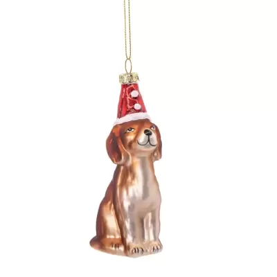 Enfeite de Natal cão castanho com chapéu de Pai Natal