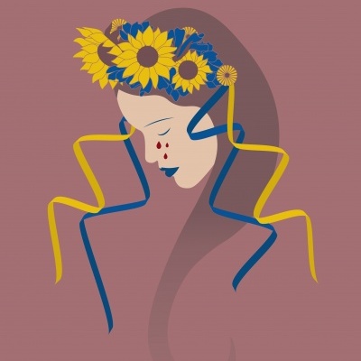 Ilustração de rosto feminino com coroa de flores e fitas azuis e amarelas