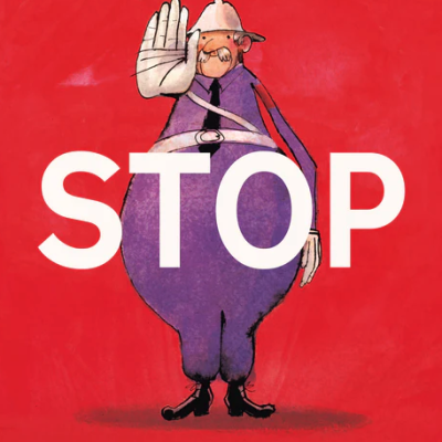 Capa de livro com polícia a fazer sinal de paragem e a palavra STOP em letras brancas