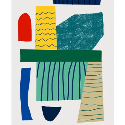 Ilustração abstrata com formas geométricas coloridas sobre fundo cinza claro