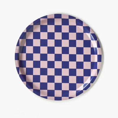 ROUND SERVING TRAY INDIGO/ALMOND CHECKER - 38CM BLU KAT
