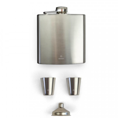STAINLESS STEEL FLASK AND SHOTGLASS SET SOCIETY PARIS