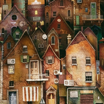 Desenho de várias casas coloridas e texturizadas empilhadas umas sobre as outras