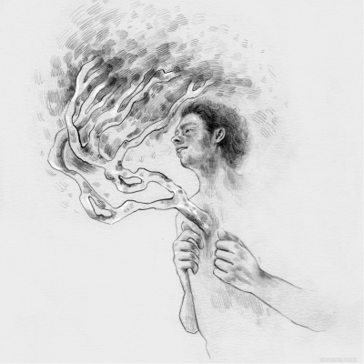 Desenho a lápis preto e branco de uma figura humana com linhas onduladas saindo do peito