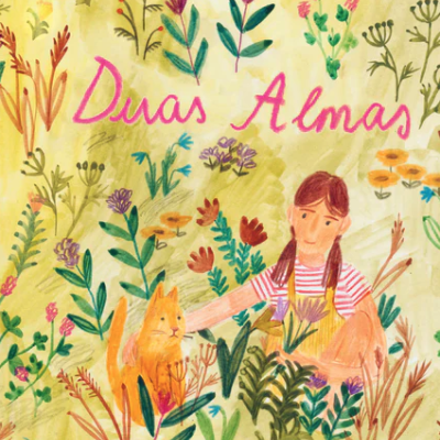Capa de livro com rapariga e gato entre plantas e flores, texto rosa