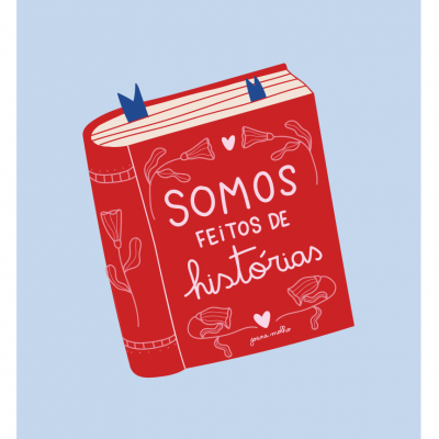 Livro vermelho com texto e ilustrações brancas em fundo azul claro