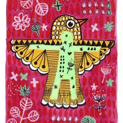 ORIGINAL "PÁSSARO AMARELO SOBRE ROSA" JOANA NOBREGA