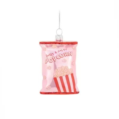 Ornamento de saco de pipocas rosa e vermelho com texto SWEET & SALTY POPCORN