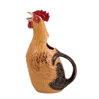 Jarro cerâmico em forma de galo, colorido e detalhado