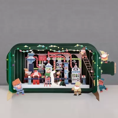 POSTAL DE NATAL POP-UP "MESSAGE IN A BOTTLE - CHRISTMAS FACTORY" ALLJOY DESIGN