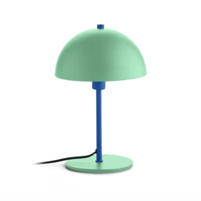 Candeeiro de secretária verde água com base circular e detalhes azuis