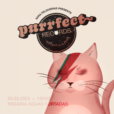 Cartaz com gato rosa estilizado e texto promocional de evento musical