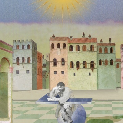 Pintura surrealista com edifícios antigos, homem, esfera e pomba no céu