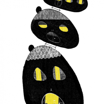 Ilustração artística de figuras abstratas negras com detalhes amarelos e cinzentos