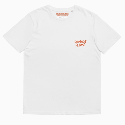 T-shirt branca com texto laranja CHAMPAGNE PLEASE.