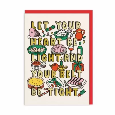 Cartão decorativo com texto e ilustrações de alimentos e bebidas coloridas