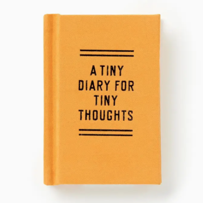 Diário pequeno amarelo com texto preto