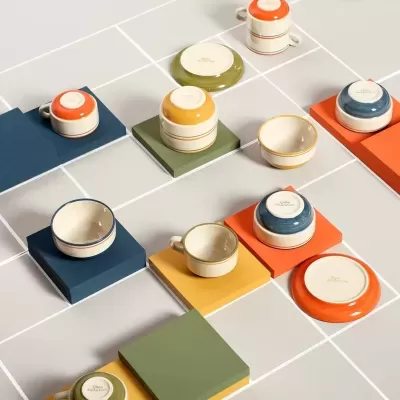 STRIPED HAND PAINTED STONEWARE CUP AND SAUCER CASA ATLANTICA