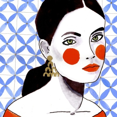 ILUSTRAÇÃO "MULHER DE VERMELHO COM AZULEJOS AZUIS" JOANA NOBREGA