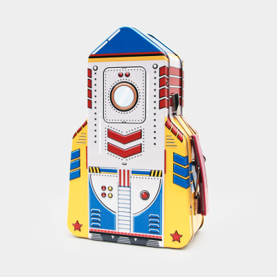 Estojo metálico em forma de foguetão com padrões coloridos