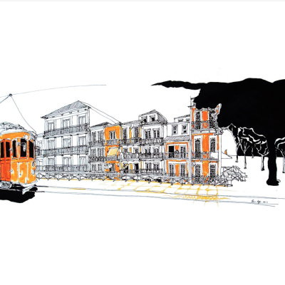 Ilustração de elétrico amarelo com edifícios e árvores em fundo branco