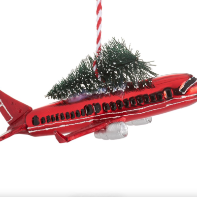 Enfeite de Natal avião vermelho com corda para pendurar